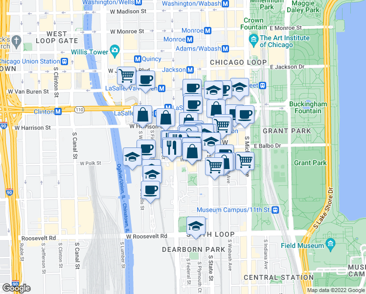 map of restaurants, bars, coffee shops, grocery stores, and more near 746 South Federal Street in Chicago