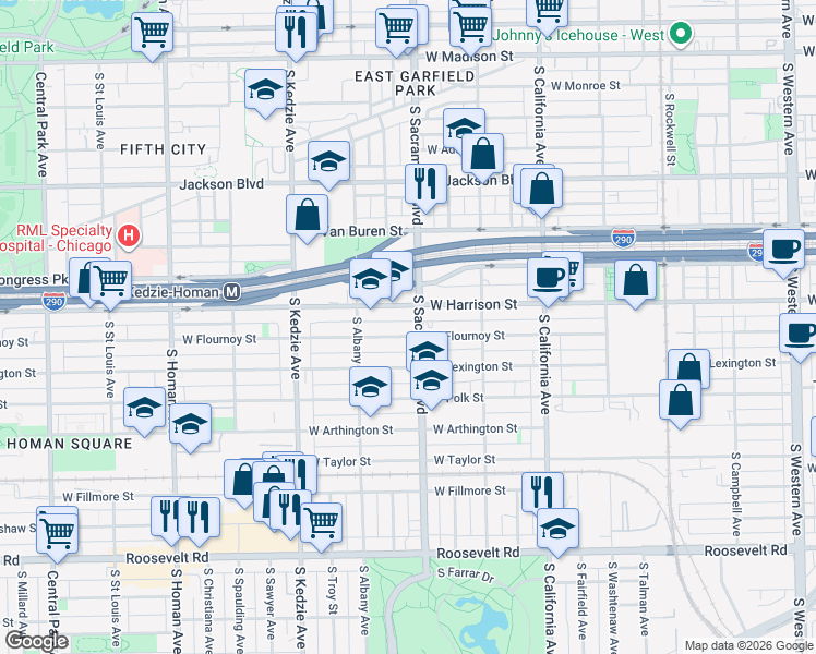map of restaurants, bars, coffee shops, grocery stores, and more near 3027 West Flournoy Street in Chicago