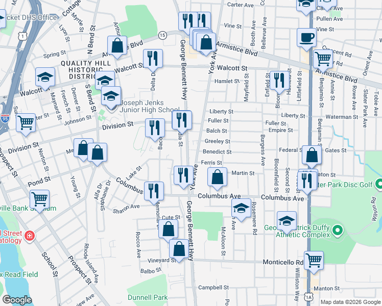 map of restaurants, bars, coffee shops, grocery stores, and more near 516 York Avenue in Pawtucket