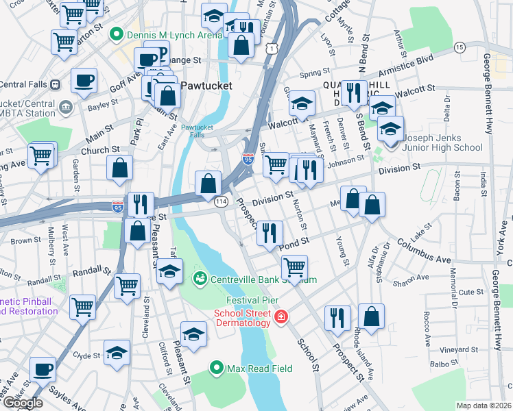 map of restaurants, bars, coffee shops, grocery stores, and more near 41 South Street in Pawtucket