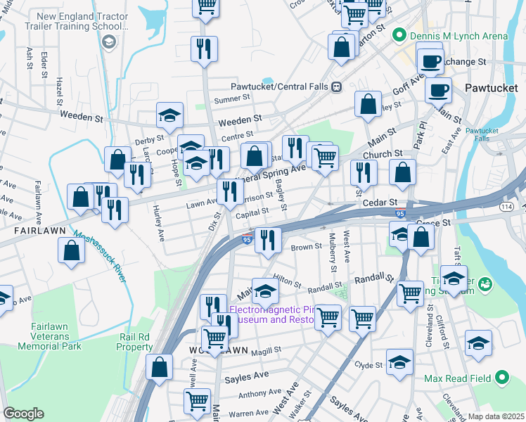 map of restaurants, bars, coffee shops, grocery stores, and more near 69 Quincy Avenue in Pawtucket