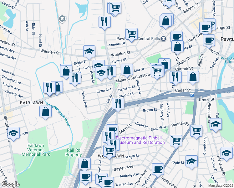 map of restaurants, bars, coffee shops, grocery stores, and more near 165 Lonsdale Avenue in Pawtucket