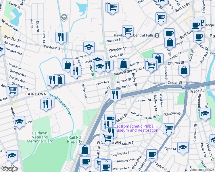 map of restaurants, bars, coffee shops, grocery stores, and more near 22 Forest Avenue in Pawtucket