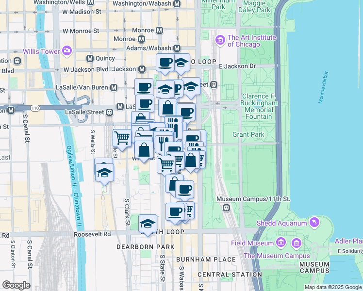 map of restaurants, bars, coffee shops, grocery stores, and more near 723 South Wabash Avenue in Chicago