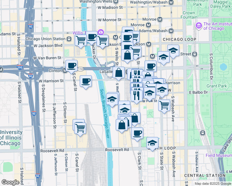 map of restaurants, bars, coffee shops, grocery stores, and more near 704 South Wells Street in Chicago