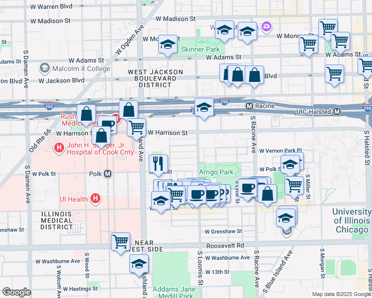 map of restaurants, bars, coffee shops, grocery stores, and more near 1430 West Lexington Street in Chicago