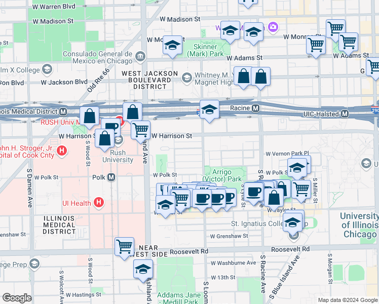 map of restaurants, bars, coffee shops, grocery stores, and more near 1430 West Lexington Street in Chicago