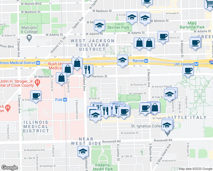 map of restaurants, bars, coffee shops, grocery stores, and more near 1430 West Lexington Street in Chicago