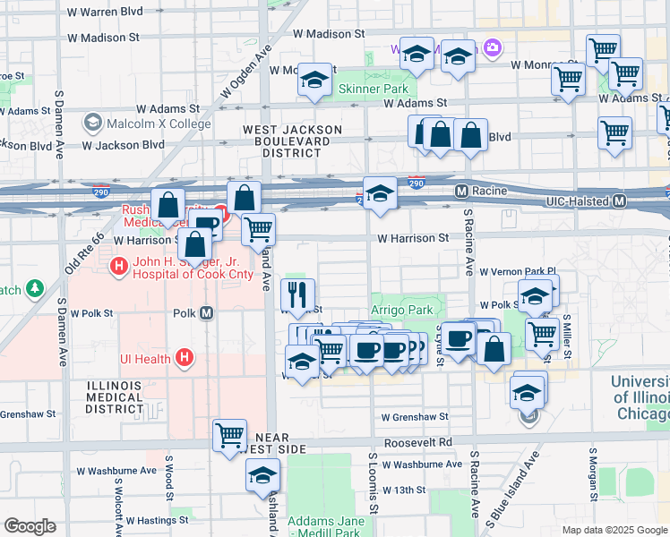 map of restaurants, bars, coffee shops, grocery stores, and more near 1430 West Lexington Street in Chicago