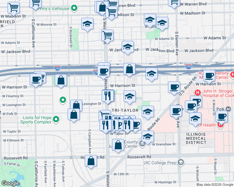 map of restaurants, bars, coffee shops, grocery stores, and more near 718 South Claremont Avenue in Chicago
