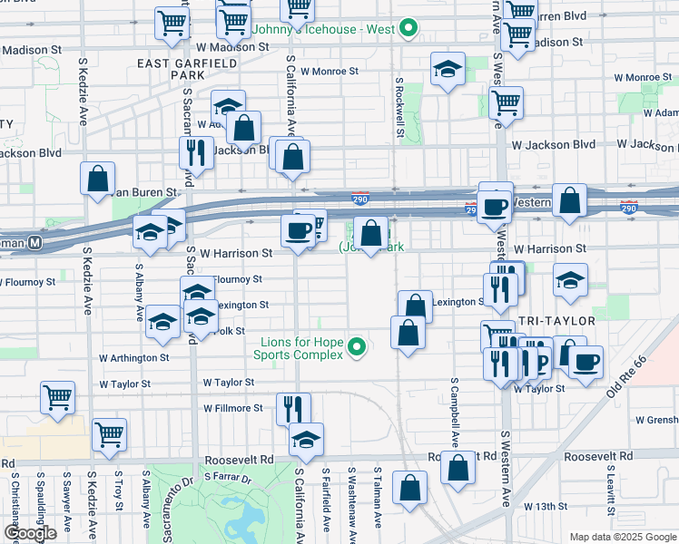 map of restaurants, bars, coffee shops, grocery stores, and more near 2721 West Flournoy Street in Chicago