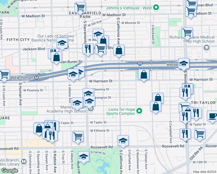 map of restaurants, bars, coffee shops, grocery stores, and more near 2835 West Flournoy Street in Chicago