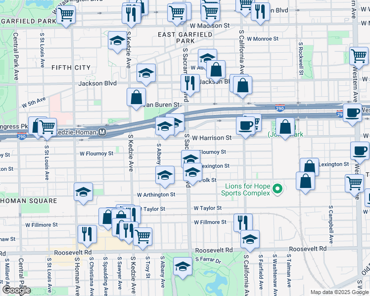 map of restaurants, bars, coffee shops, grocery stores, and more near 709 South Sacramento Boulevard in Chicago