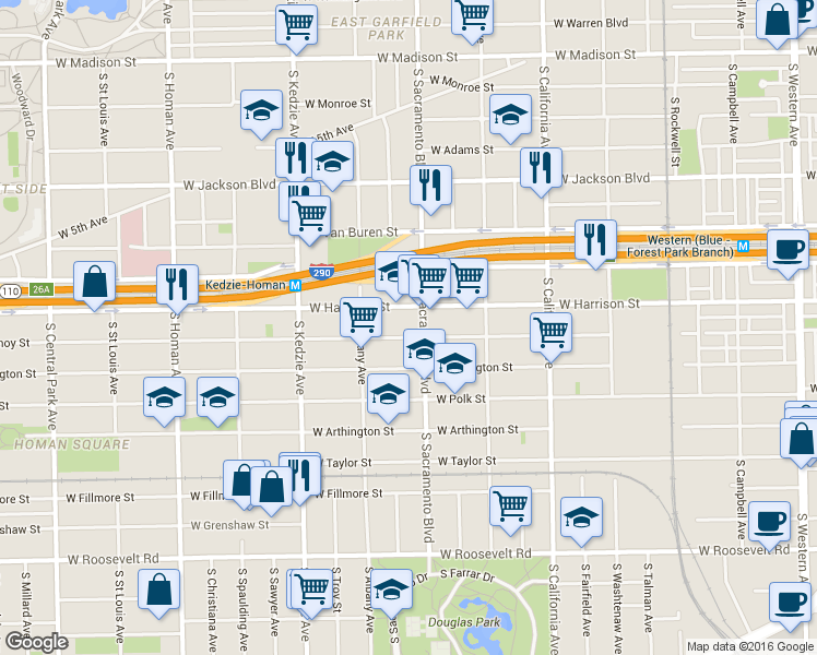 map of restaurants, bars, coffee shops, grocery stores, and more near 3027 West Flournoy Street in Chicago