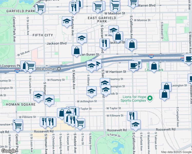 map of restaurants, bars, coffee shops, grocery stores, and more near 3027 West Flournoy Street in Chicago