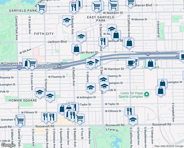 map of restaurants, bars, coffee shops, grocery stores, and more near 3027 West Flournoy Street in Chicago