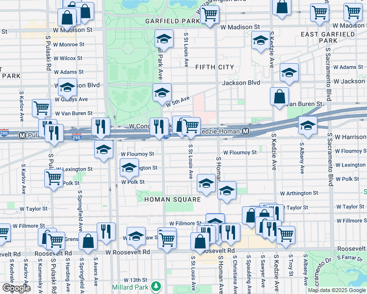 map of restaurants, bars, coffee shops, grocery stores, and more near 3519 West Flournoy Street in Chicago