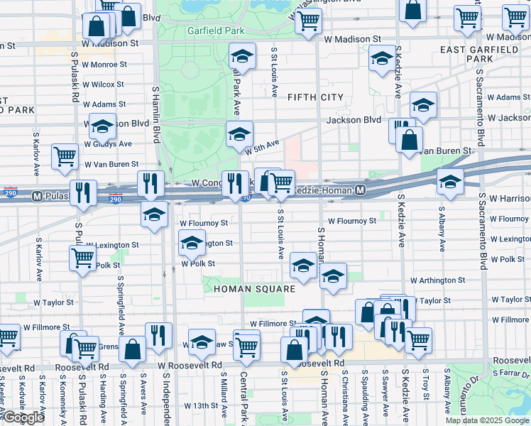 map of restaurants, bars, coffee shops, grocery stores, and more near 3519 West Flournoy Street in Chicago