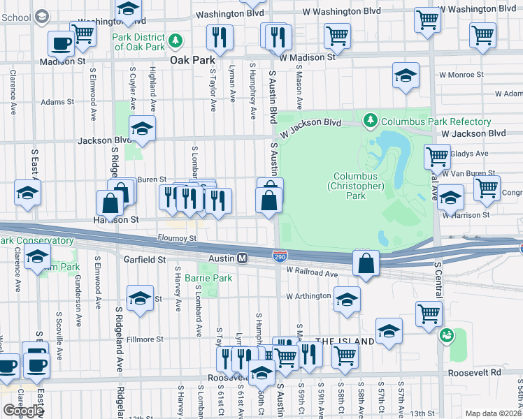 map of restaurants, bars, coffee shops, grocery stores, and more near 908 South Humphrey Avenue in Oak Park