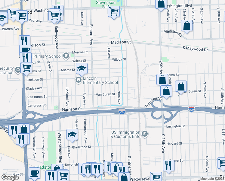 map of restaurants, bars, coffee shops, grocery stores, and more near 1101 31st Avenue in Bellwood