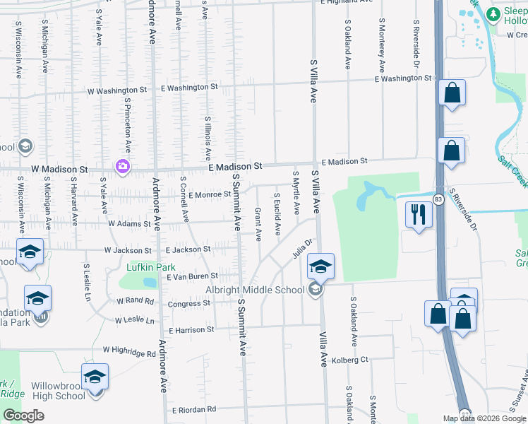 map of restaurants, bars, coffee shops, grocery stores, and more near 921 Grant Avenue in Villa Park