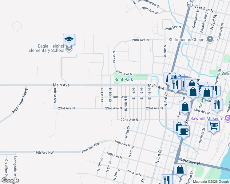 map of restaurants, bars, coffee shops, grocery stores, and more near 2300-2324 North 9th Street in Clinton