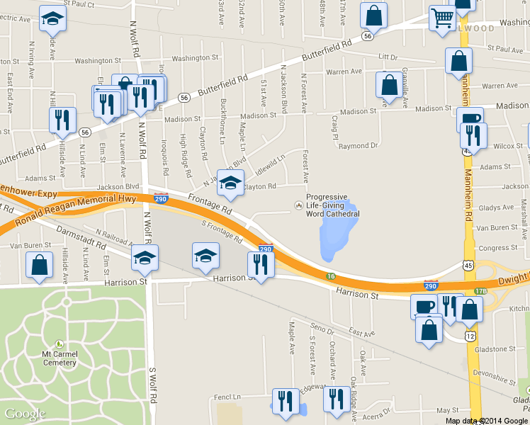 map of restaurants, bars, coffee shops, grocery stores, and more near 4575 Frontage Road in Hillside