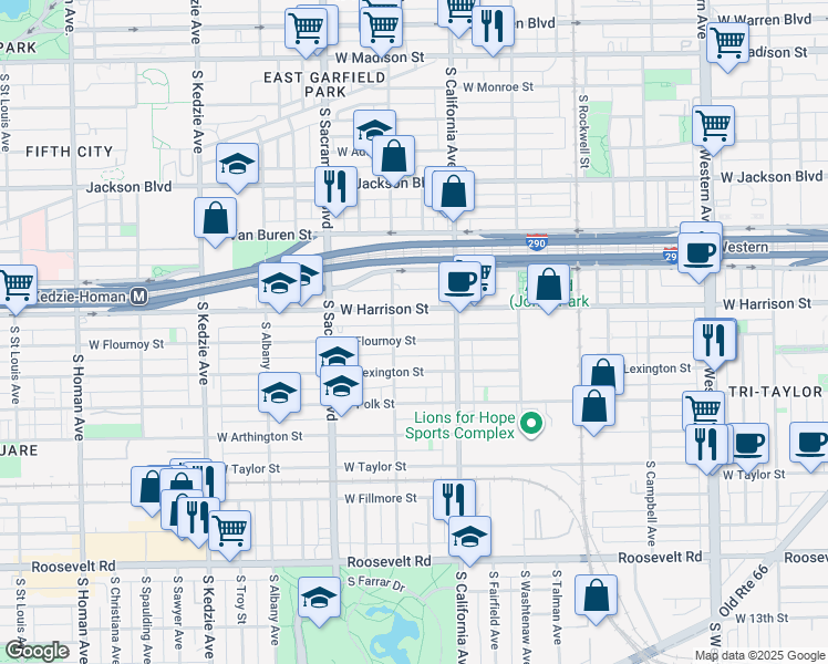 map of restaurants, bars, coffee shops, grocery stores, and more near 2835 West Flournoy Street in Chicago