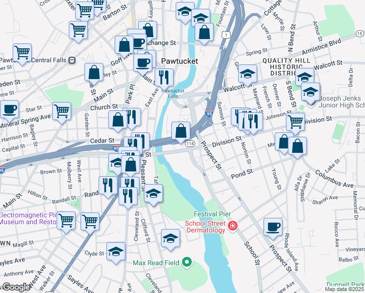map of restaurants, bars, coffee shops, grocery stores, and more near 45 Division Street in Pawtucket
