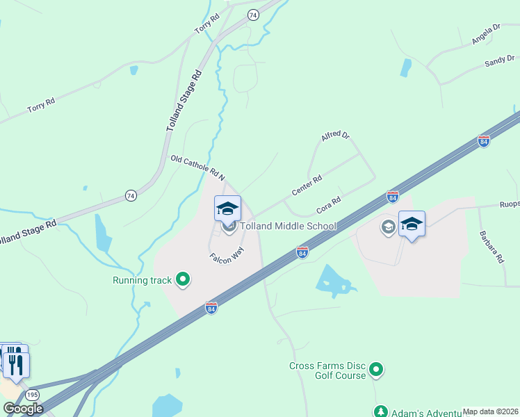 map of restaurants, bars, coffee shops, grocery stores, and more near 5 Center Road in Tolland