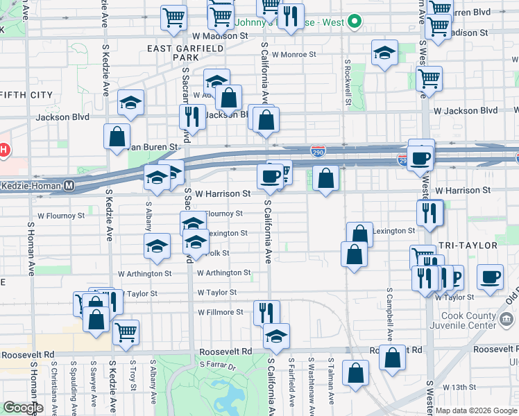 map of restaurants, bars, coffee shops, grocery stores, and more near 2810 West Flournoy Street in Chicago