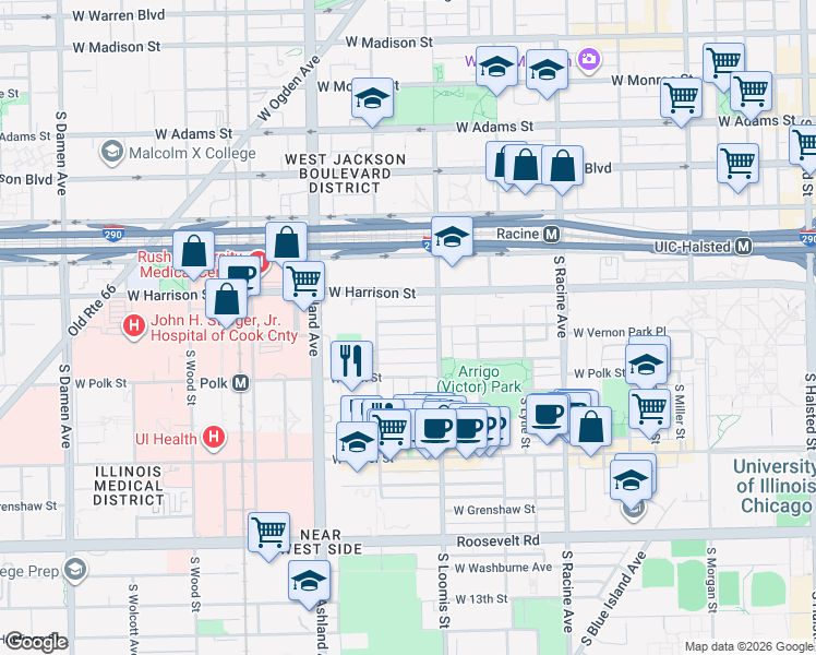 map of restaurants, bars, coffee shops, grocery stores, and more near 1431 West Flournoy Street in Chicago