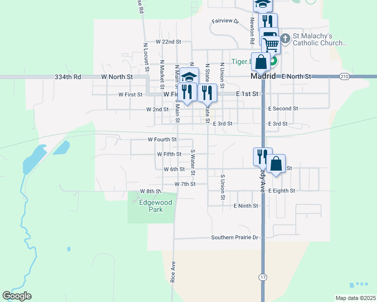 map of restaurants, bars, coffee shops, grocery stores, and more near 510 South Water Street in Madrid