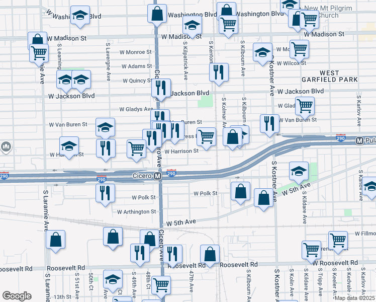 map of restaurants, bars, coffee shops, grocery stores, and more near W Harrison St & S Kilpatrick Ave in Chicago
