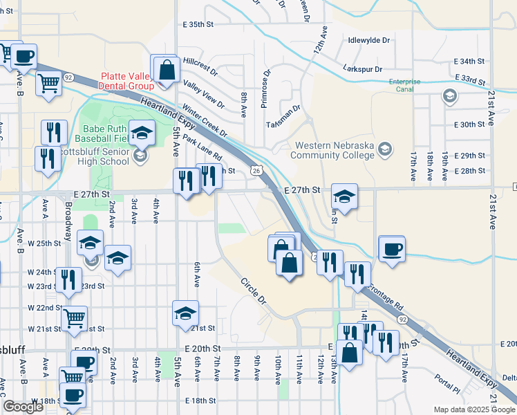 map of restaurants, bars, coffee shops, grocery stores, and more near 802 East 27th Street in Scottsbluff