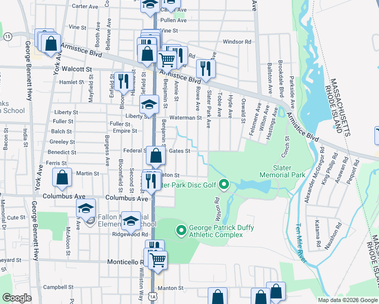 map of restaurants, bars, coffee shops, grocery stores, and more near 244 Annie Street in Pawtucket