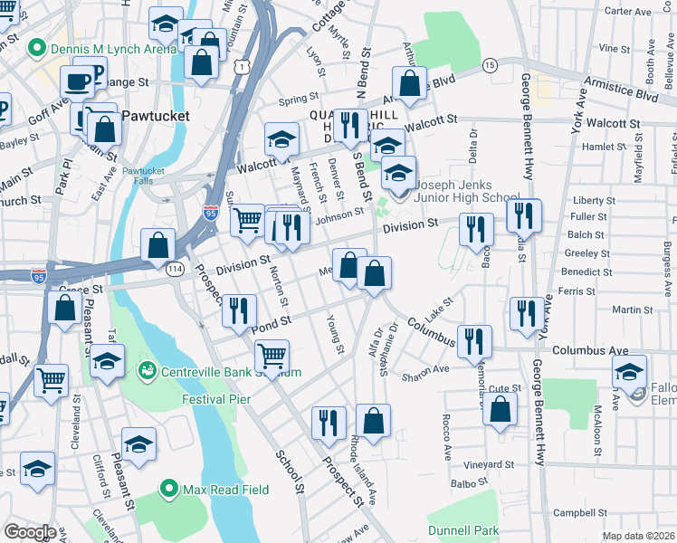 map of restaurants, bars, coffee shops, grocery stores, and more near 26 Young Street in Pawtucket
