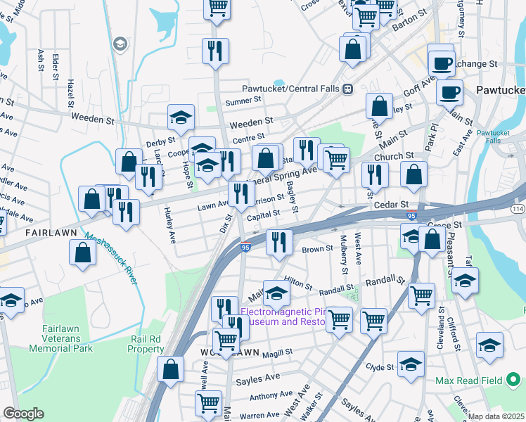 map of restaurants, bars, coffee shops, grocery stores, and more near 69 Quincy Avenue in Pawtucket