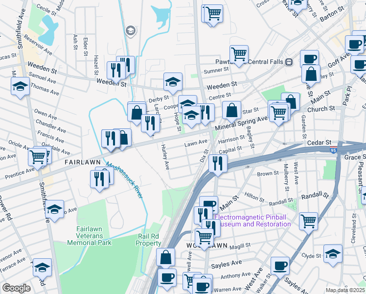 map of restaurants, bars, coffee shops, grocery stores, and more near 54 Forest Avenue in Pawtucket
