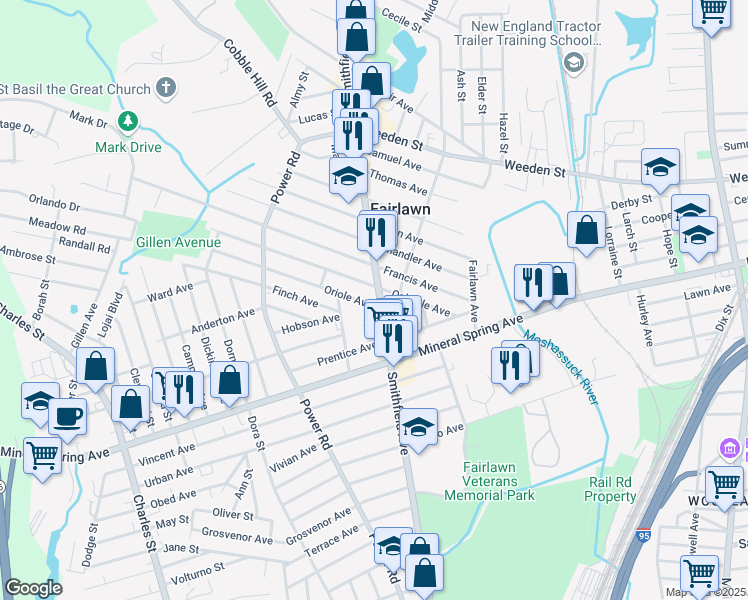 map of restaurants, bars, coffee shops, grocery stores, and more near 422 Smithfield Avenue in Pawtucket