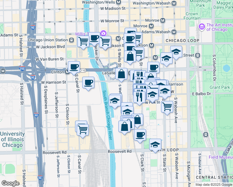 map of restaurants, bars, coffee shops, grocery stores, and more near 704 South Wells Street in Chicago