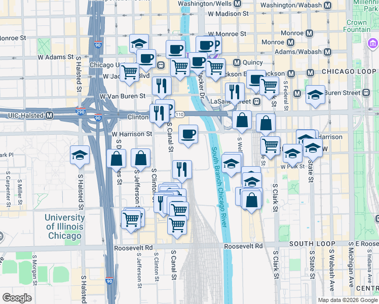 map of restaurants, bars, coffee shops, grocery stores, and more near 409 West Polk Street in Chicago