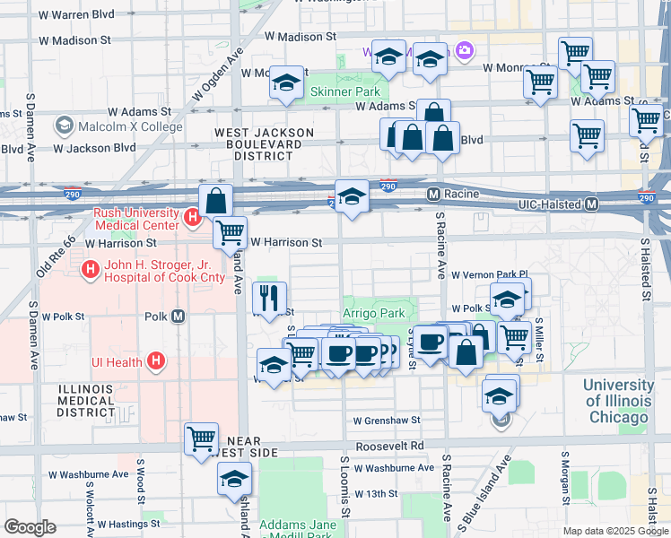 map of restaurants, bars, coffee shops, grocery stores, and more near 729 South Loomis Street in Chicago