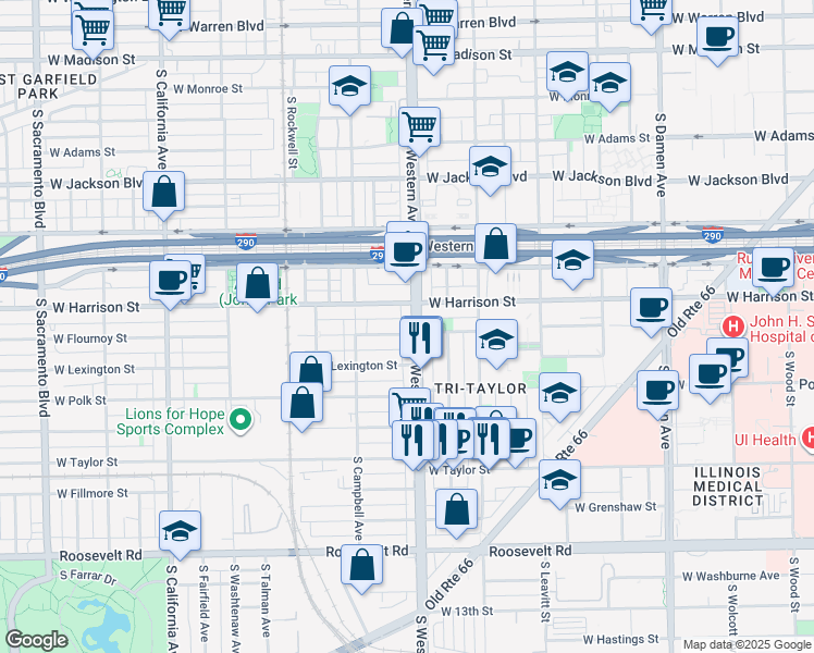 map of restaurants, bars, coffee shops, grocery stores, and more near 2416 West Lexington Street in Chicago