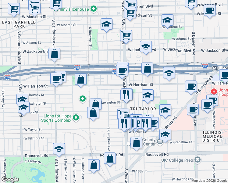 map of restaurants, bars, coffee shops, grocery stores, and more near 717 South Campbell Avenue in Chicago