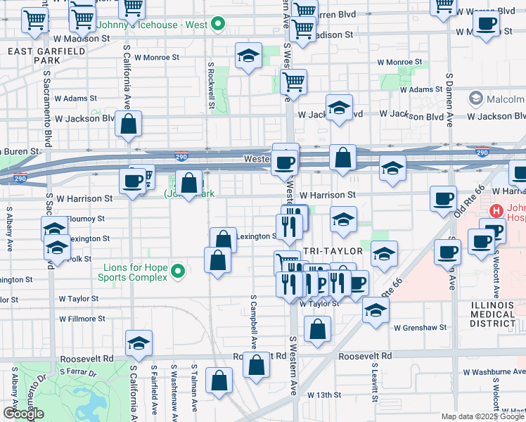 map of restaurants, bars, coffee shops, grocery stores, and more near 717 South Campbell Avenue in Chicago