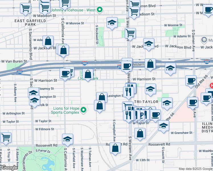 map of restaurants, bars, coffee shops, grocery stores, and more near 6035 South Maplewood Avenue in Chicago