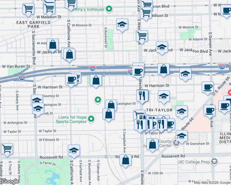 map of restaurants, bars, coffee shops, grocery stores, and more near 6035 South Maplewood Avenue in Chicago