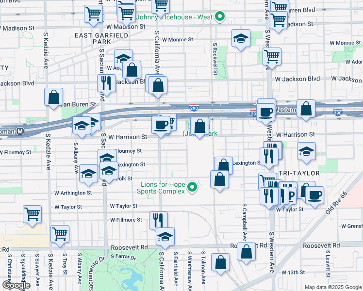 map of restaurants, bars, coffee shops, grocery stores, and more near 2721 West Flournoy Street in Chicago
