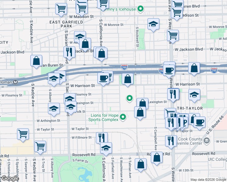 map of restaurants, bars, coffee shops, grocery stores, and more near 2721 West Flournoy Street in Chicago